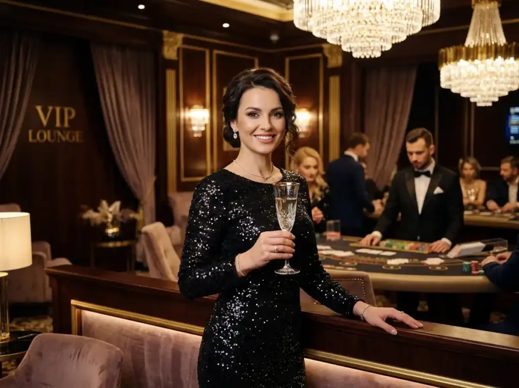 1plus game casino elegant female guest facing camera inside VIP room of a luxury physical casino setting, showcasing premium gaming atmosphere.
