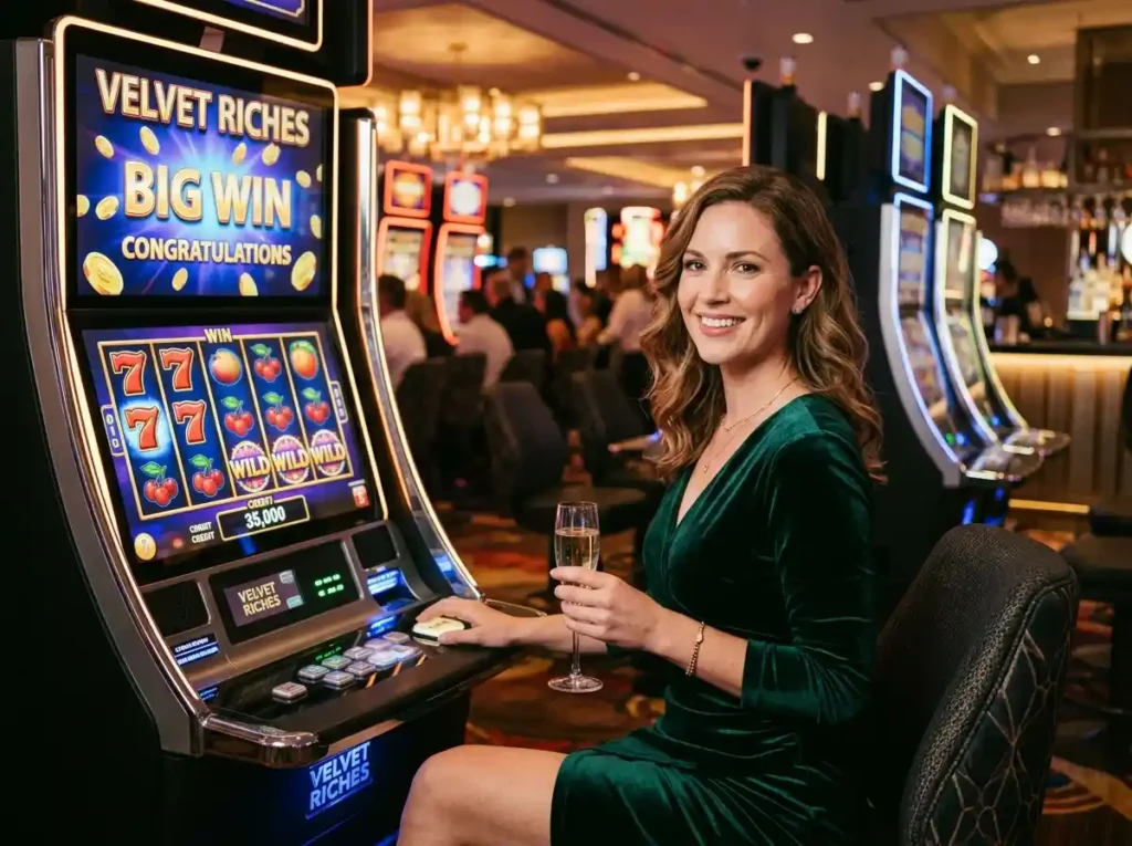Elegant casino player facing the camera while playing at a slot machine in a real casino, associated with 1plus game casino experience and atmosphere.