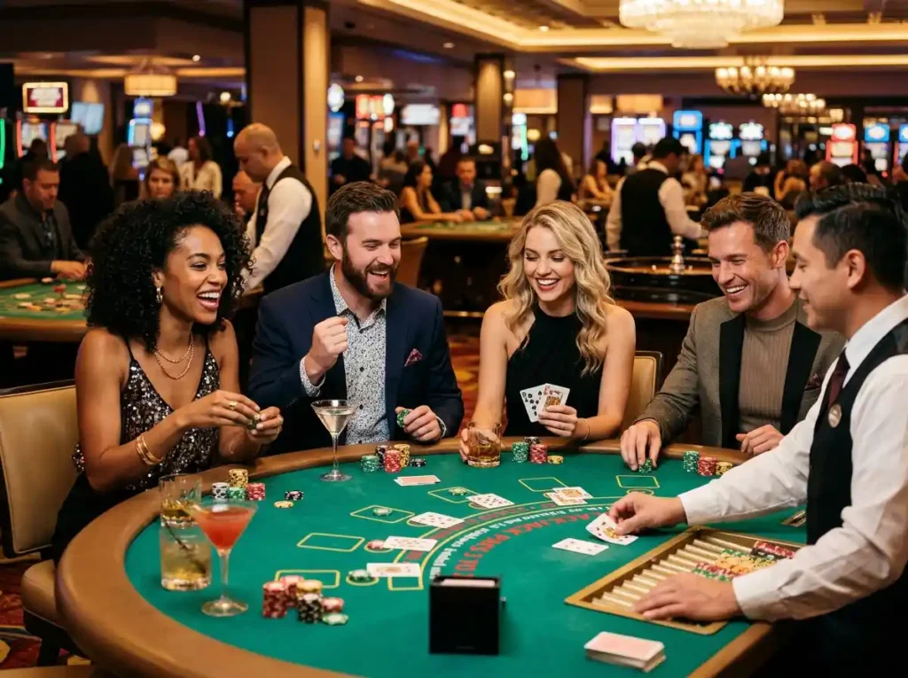 Group of friends enjoying games inside a luxury physical casino while promoting 1plus game casino, showing excitement and social gameplay at gaming tables and slot areas.