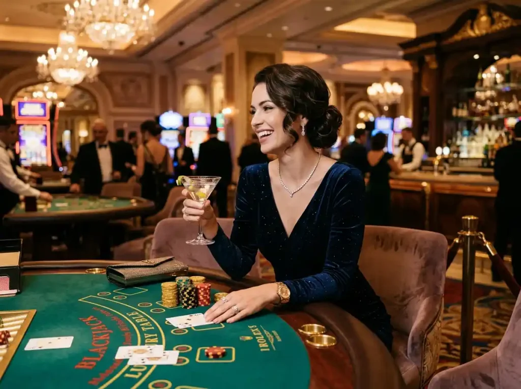 Stylish female guest enjoying a luxury casino setting, playing table games in a real physical casino while representing the online brand 1plus game casino.