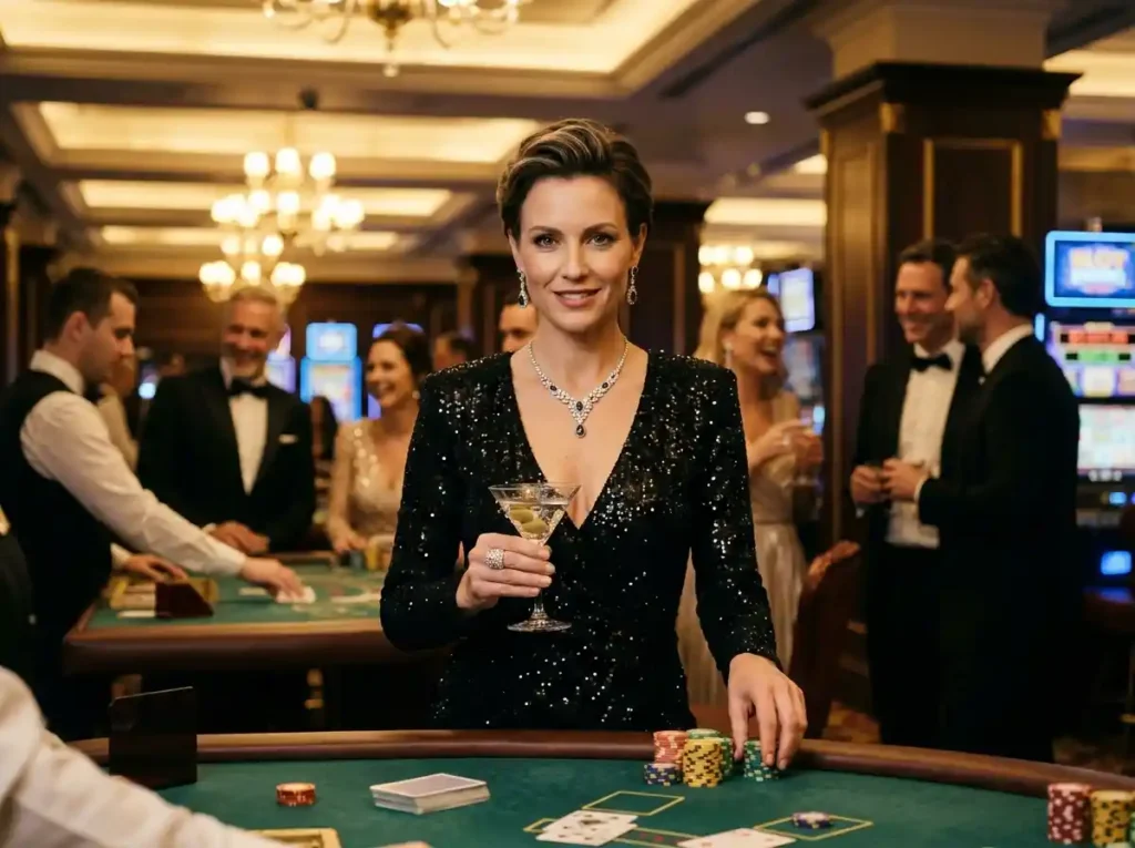Glamorous woman playing slot machines inside a real physical casino environment, showcasing a luxurious casino lifestyle experience inspired by All Slots Casino gameplay.