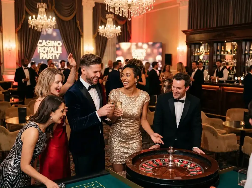 Glamorous casino party scene with happy guests enjoying slot machines inside a real casino, representing the experience of all slots casino in a lively and luxurious gaming environment.