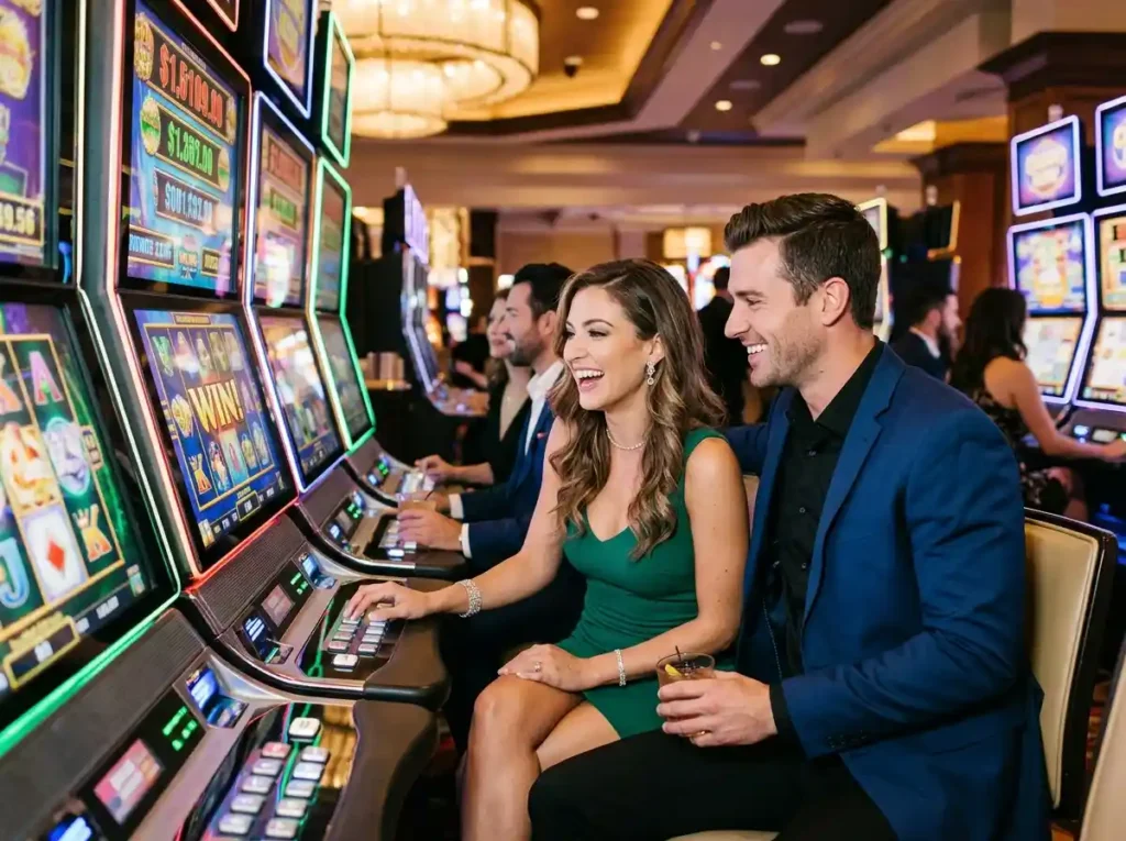 Glamorous couple enjoying slot games together at a real casino floor, celebrating and playing at a slot machine in a lively atmosphere, inspired by all slots casino experience.