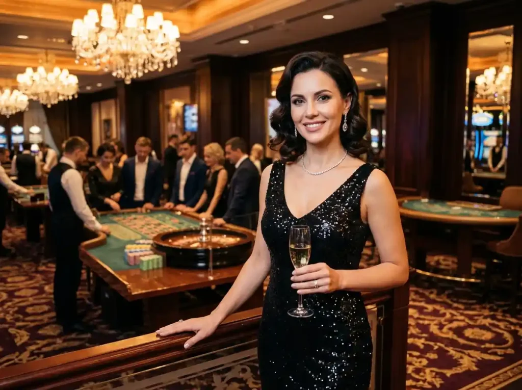 Glorious glamorous woman playing slot machines inside a real physical casino, highlighting the atmosphere of All Slots Casino experience in a luxury gaming floor.