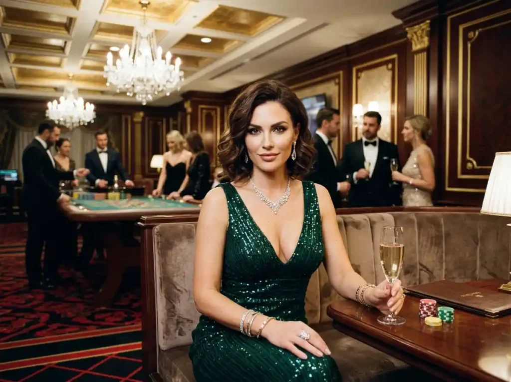 Glamorous lady looking at the camera inside a VIP physical casino while playing at a gaming table, associated with Bingo Roulette.