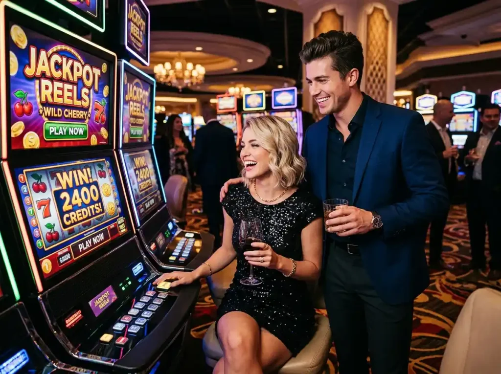 Stylish couple playing a slot machine inside a real casino, associated with bingo roulette online casino branding and entertainment experience.