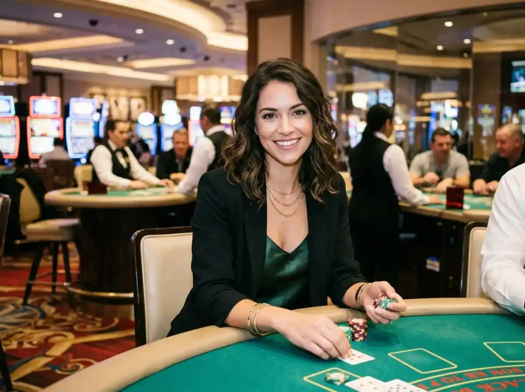 Female casino player smiling at the camera while playing bingo roulette at a physical casino table, showing an engaging gaming moment.
