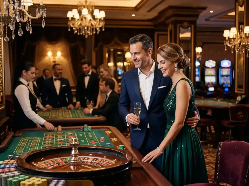 bw777 casino elegant couple enjoying a luxury casino experience with table games in a real casino setting
