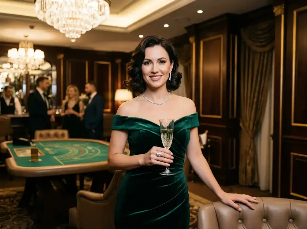 Elegant female casino player sitting in a VIP room inside a real casino setting, highlighting the experience of bw777 casino.