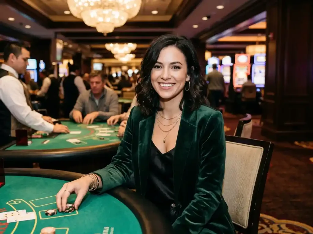 BW777 casino female guest smiling at the camera while enjoying a real casino gaming experience.