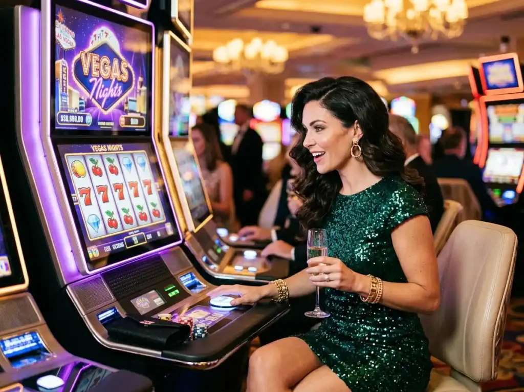 Glamorous woman playing a slot machine inside a luxury casino while promoting the excitement and entertainment associated with bw777 casino.