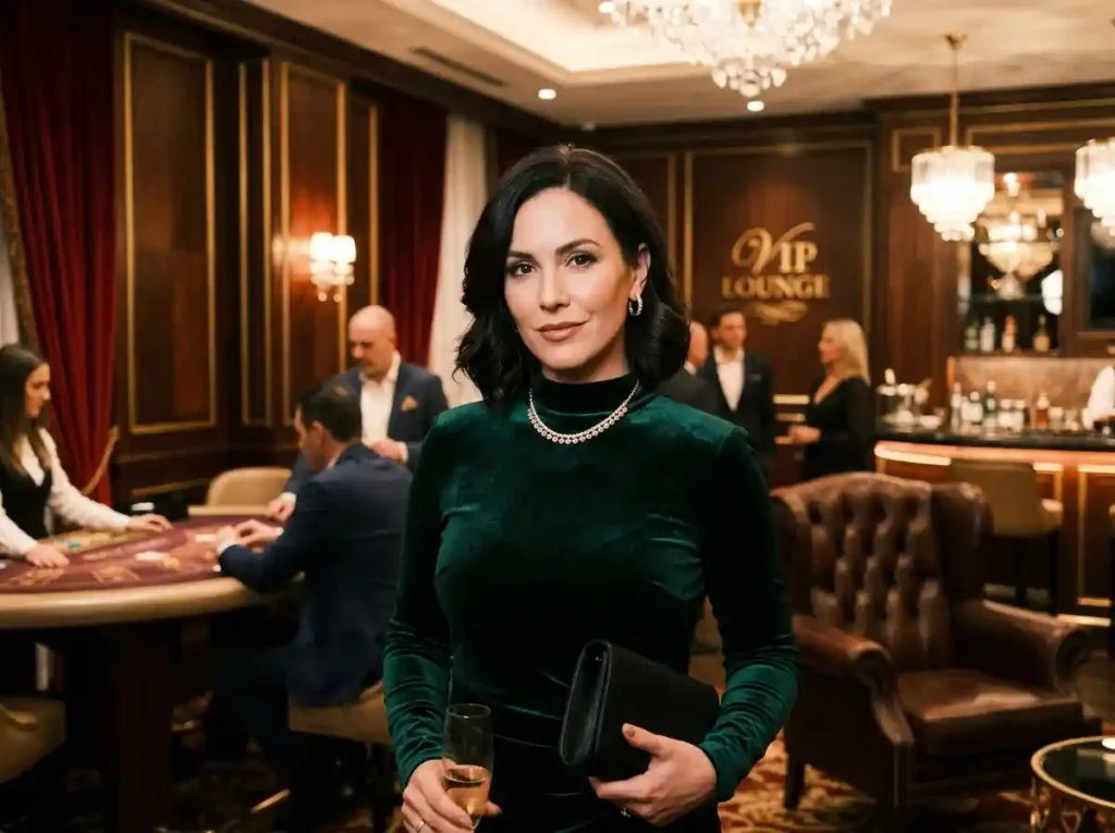 Elegant casino guest playing at a VIP table inside a luxurious real casino setting, representing the experience of bwenas gaming casino in a physical gaming environment.