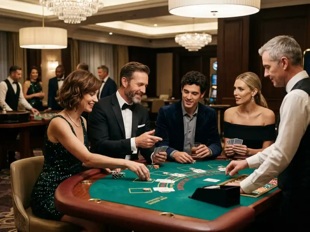 Group of casino guests enjoying table games together in a real casino setting, showcasing the vibrant atmosphere associated with bwenas gaming casino.