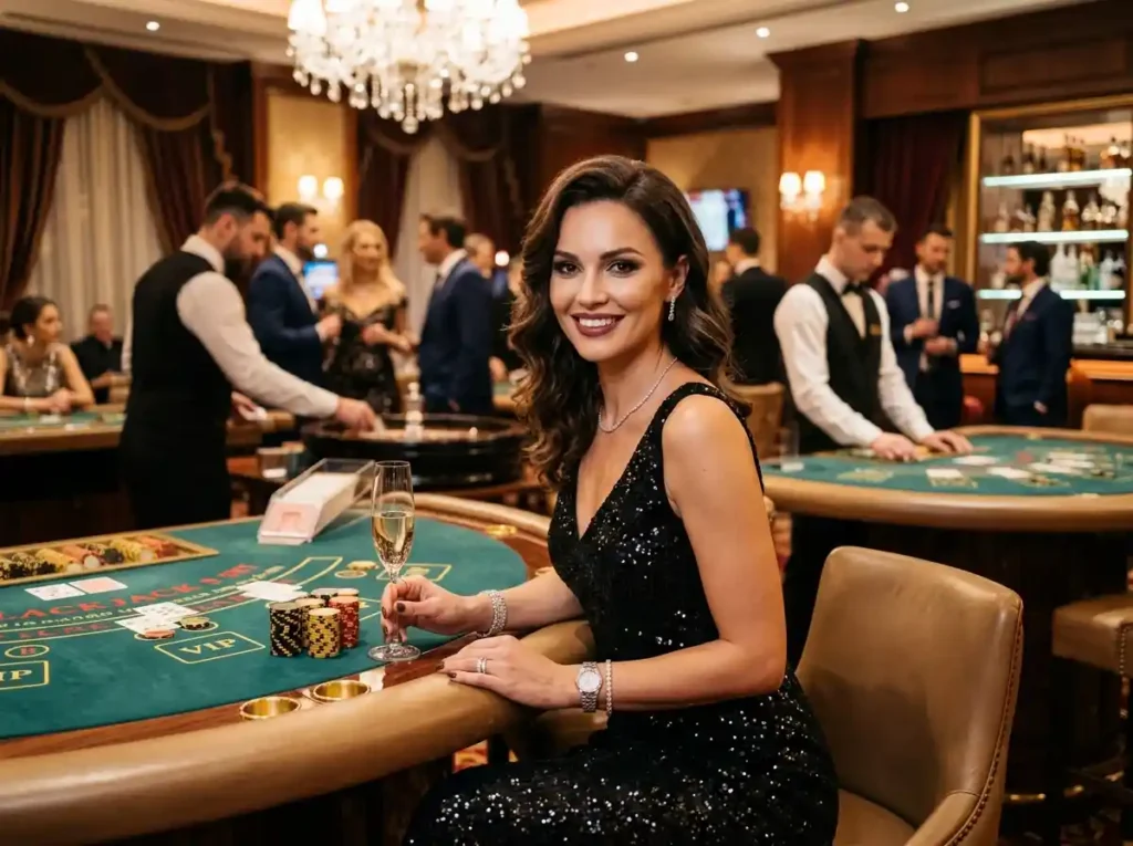 Glamorous female casino player looking at the camera inside a luxurious physical casino environment while playing table games, representing bwenas gaming casino experience in a real casino setting.