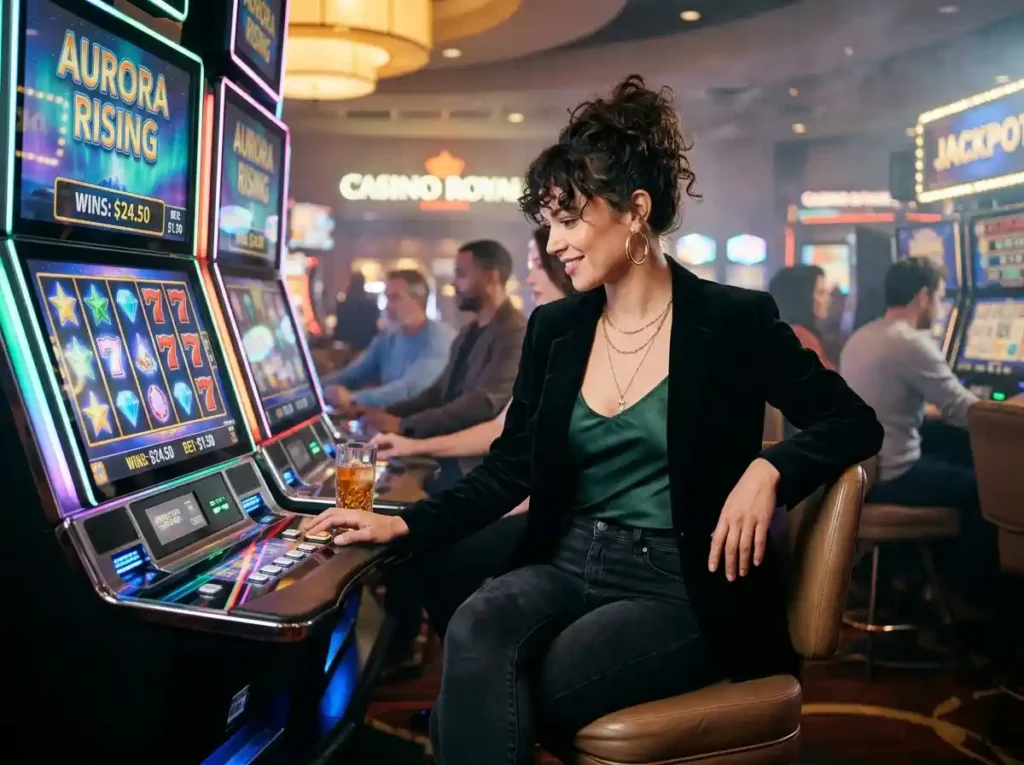 Stylish female guest playing at a slot machine inside a real casino, featuring the theme of Bwenas Gaming Casino with a vibrant casino atmosphere.