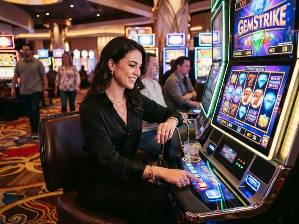 Casino plus color game female player enjoying a slot machine experience inside a physical casino environment.