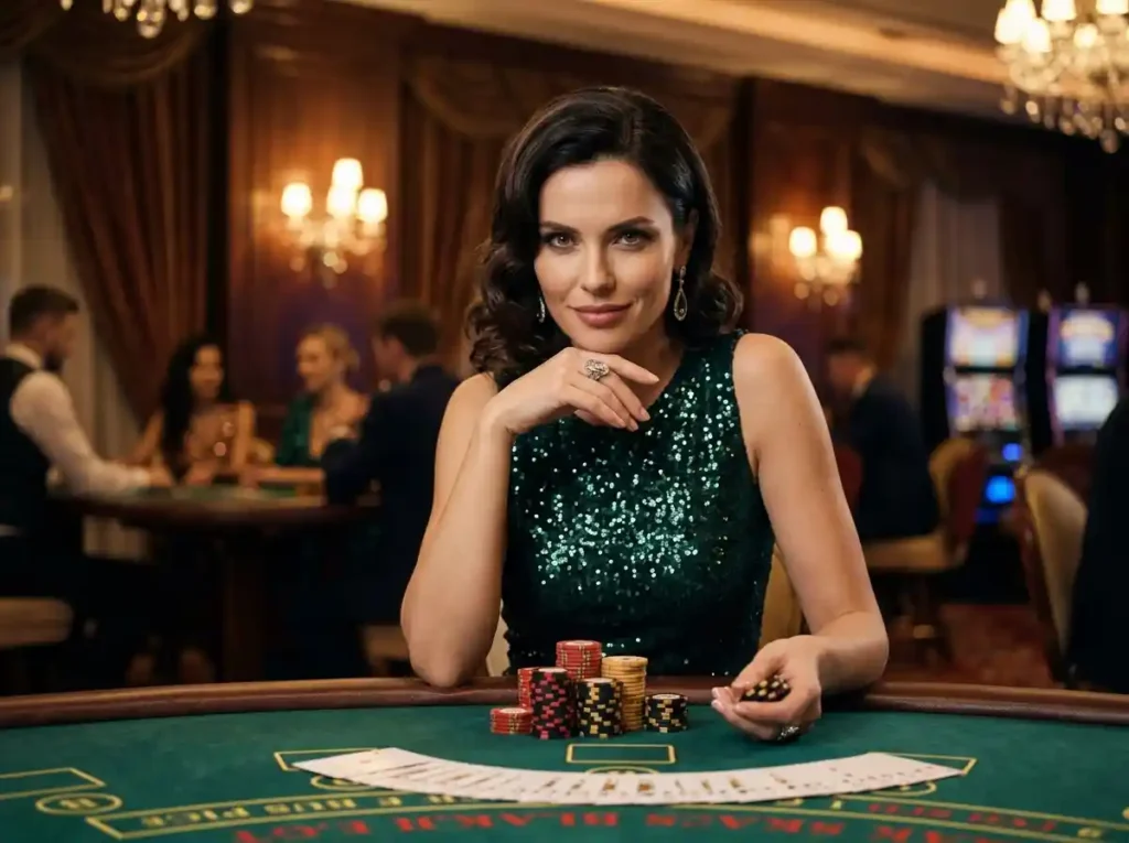 Casino Plus Color Game glamorous female gambler front-facing portrait enjoying a casino gaming experience