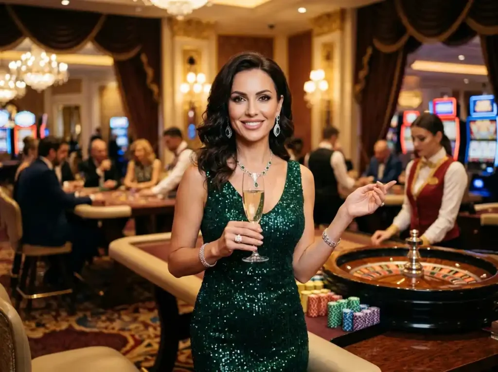 Casino plus color game glamorous woman enjoying a casino lifestyle portrait in a real casino setting