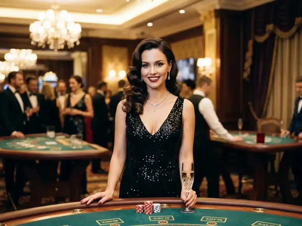 Female guest playing table games in a luxury physical casino setting while exploring the philwin online casino app on a mobile device, facing forward at the table.