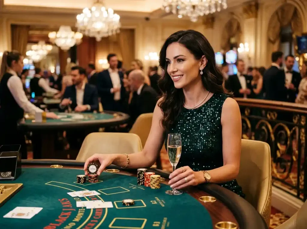 Stylish female player enjoying a luxurious casino setting while engaging with the philwin online casino app in a real physical casino environment.