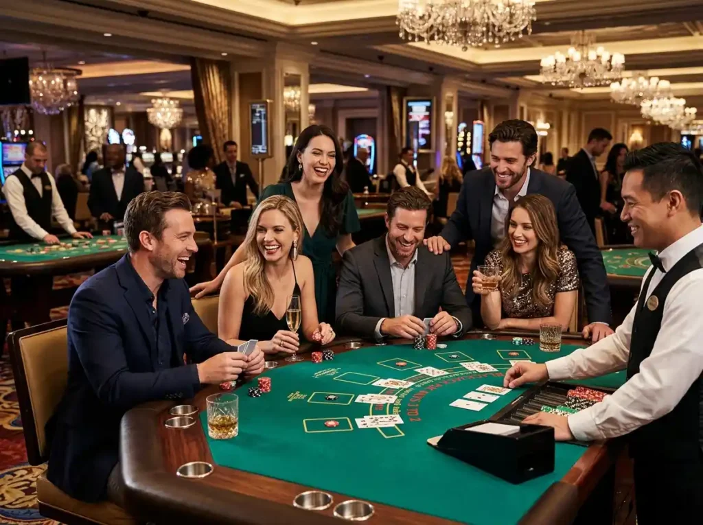 Friends enjoying luxury table games in a real casino setting, representing the philwin online casino app experience with social and high-end gaming atmosphere.