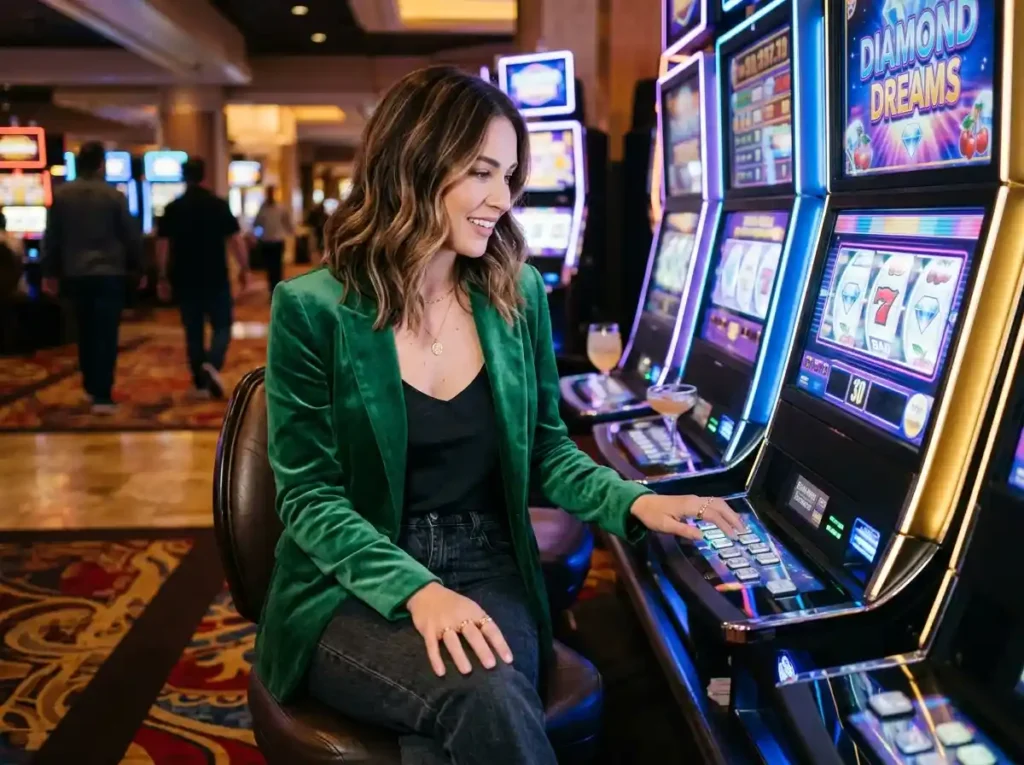 Female player enjoying a slot machine game inside a physical casino environment, representing excitement and entertainment associated with the philwin online casino app experience.