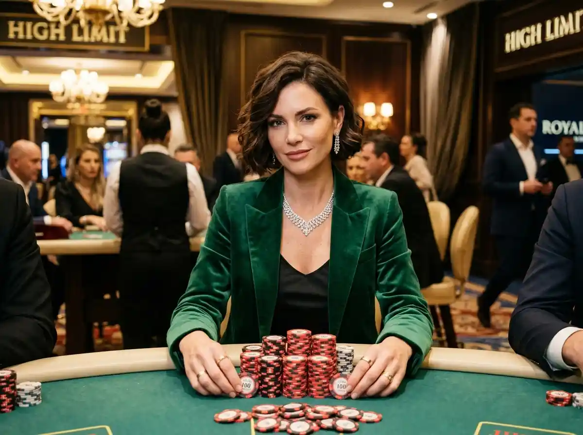Phkilig online casino chic female player facing camera while enjoying a real casino gaming experience with chips