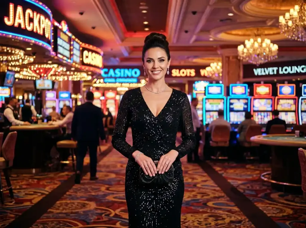 Phkilig online casino elegant woman front view enjoying a casino atmosphere with bright gaming lights