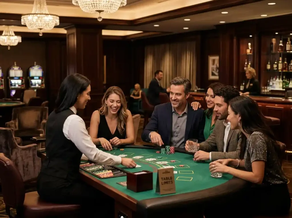Phkilig online casino luxury casino experience featuring friends enjoying table games in a physical casino setting