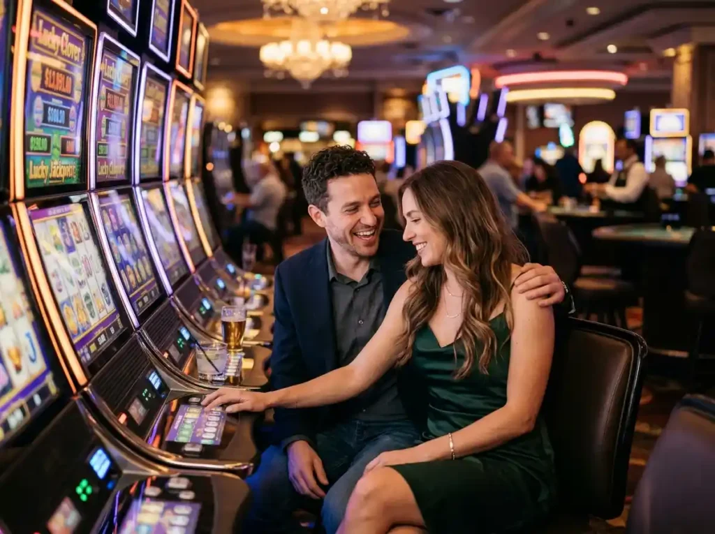 Phkilig online casino couple enjoying a romantic casino night while playing slot machines in a physical casino setting
