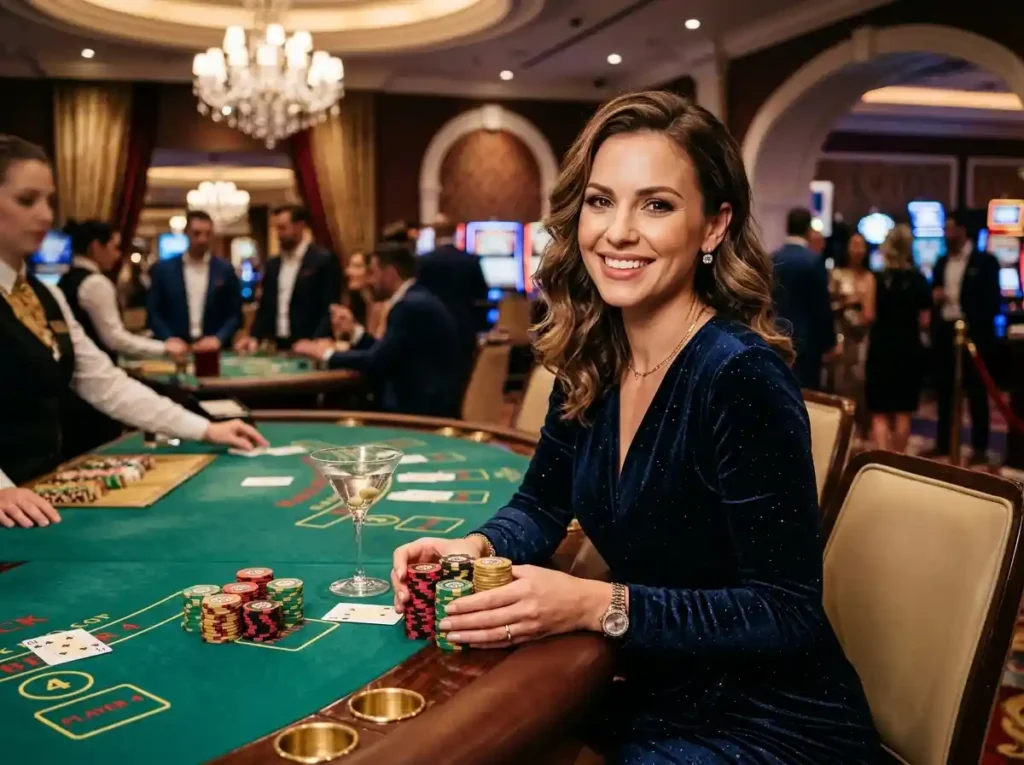 Pink Venom Online Casino chic player facing the camera inside a real casino, holding poker chips and showcasing a glamorous gaming lifestyle on a casino floor.