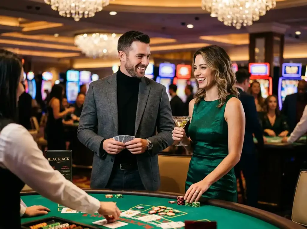 Stylish couple enjoying a casino night inside a real physical casino setting, dressed elegantly while engaging in table games under bright lights, featuring the keyword pink venom online casino.