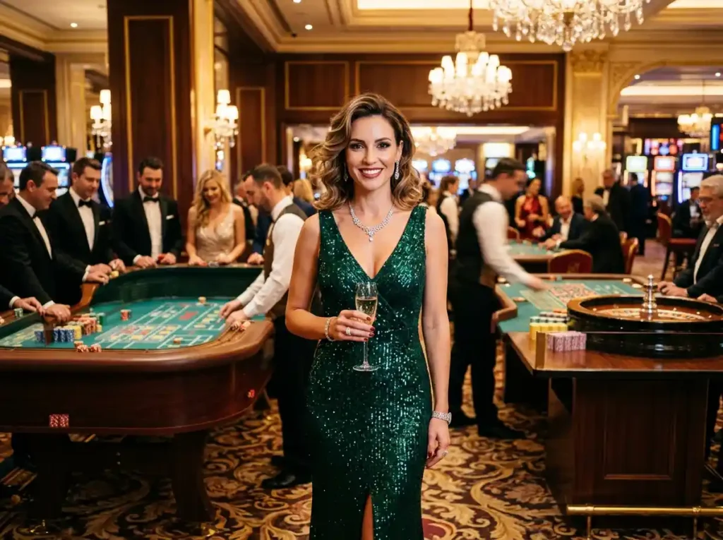 Woman facing forward inside a luxury casino setting while playing, representing pink venom online casino experience in a real physical casino environment.