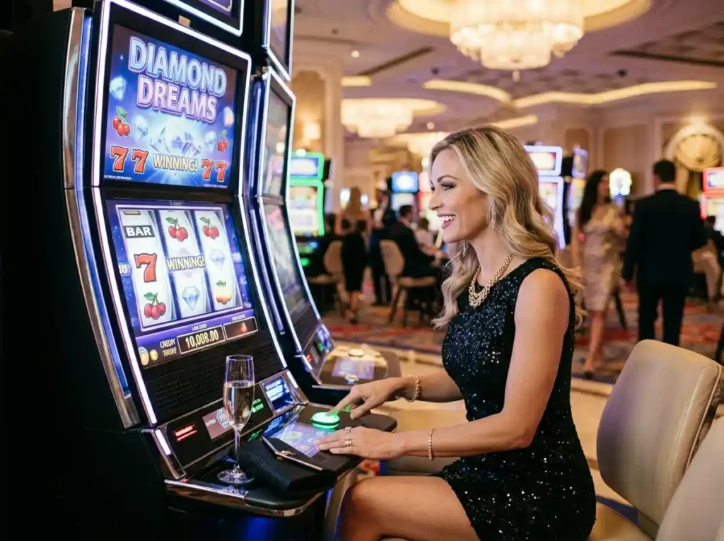 Woman playing a slot machine inside a real casino, associated with pink venom online casino, showcasing an immersive gaming experience on the casino floor.