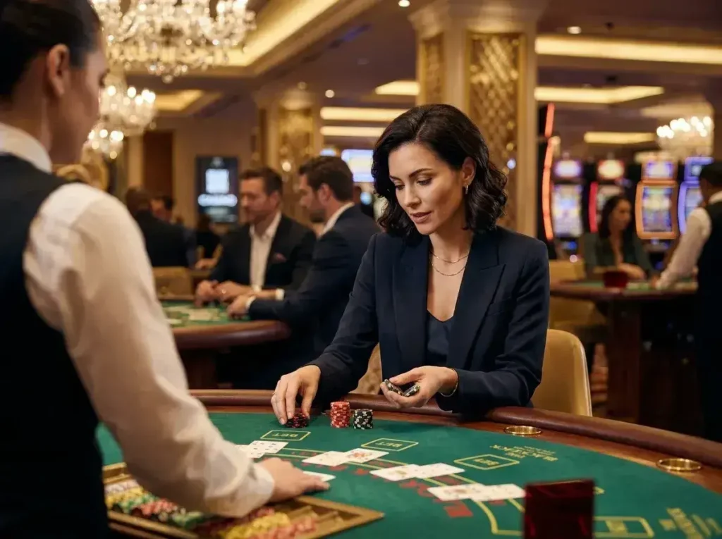 Female guest enjoying a table game at a luxury casino while exploring the 500jl casino login experience.