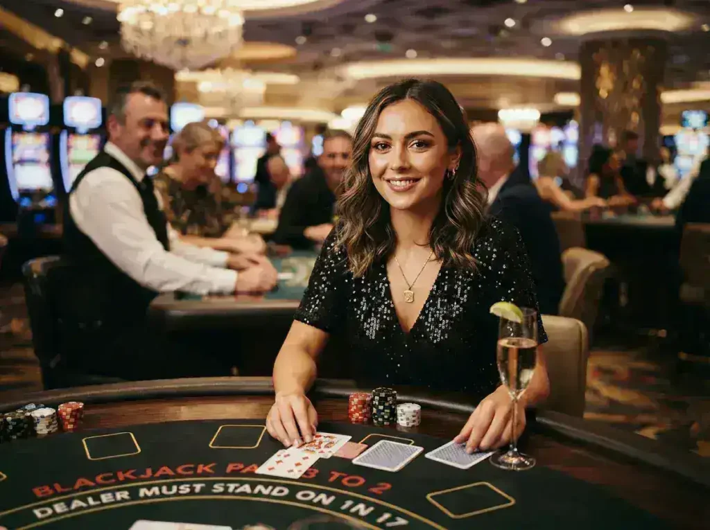 Female guest enjoying a game while facing the camera inside a luxury casino, inspired by the excitement of 500jl casino login.