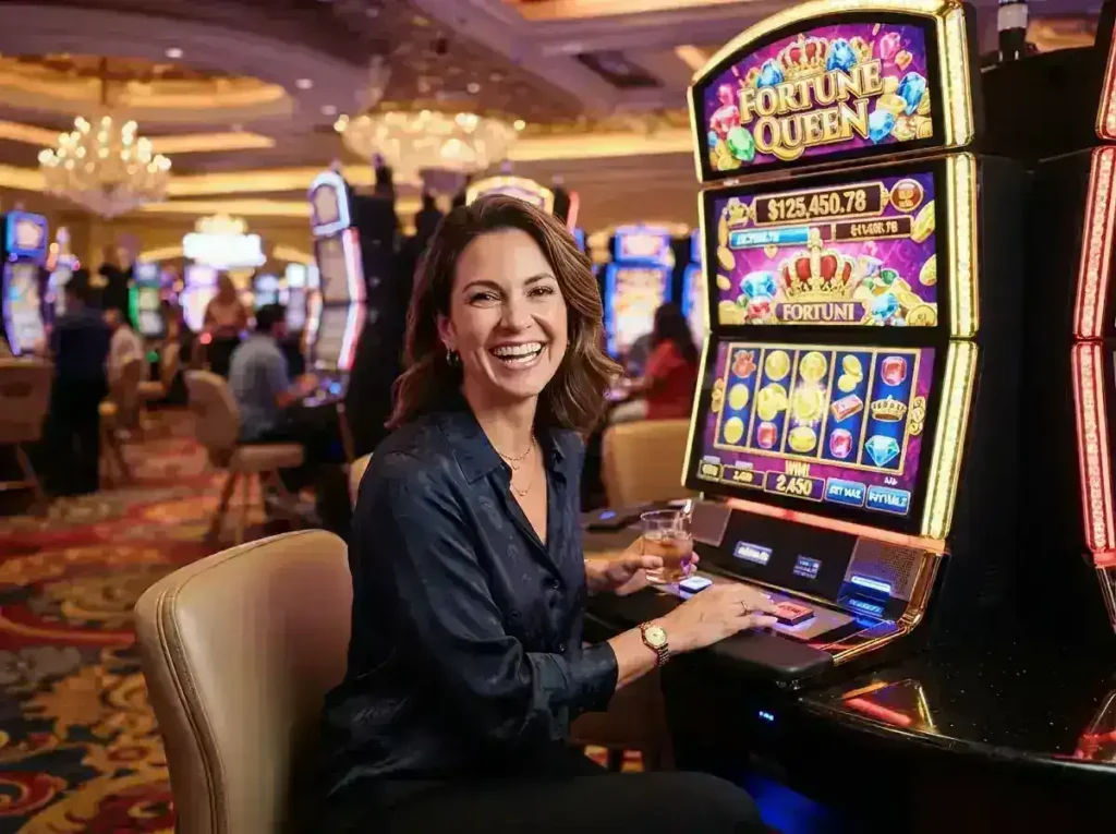 A female player enjoying a slot machine inside a luxury casino while exploring 500jl casino login.