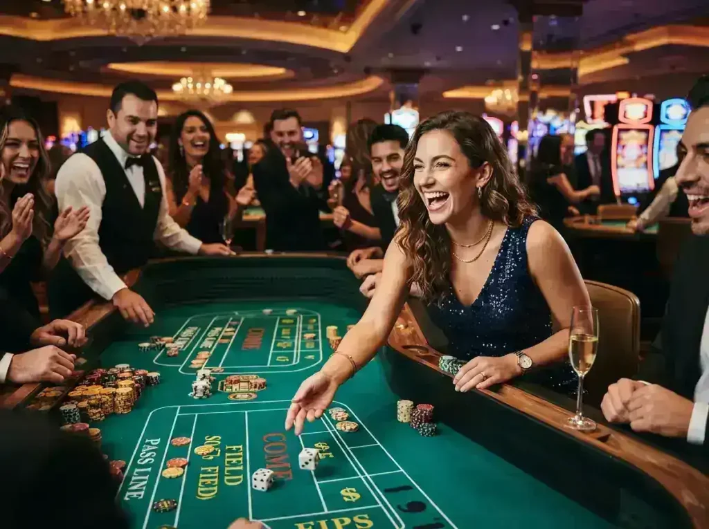 A woman enjoying an exciting table game at a luxury casino, inspired by the fun of 500jl casino login.
