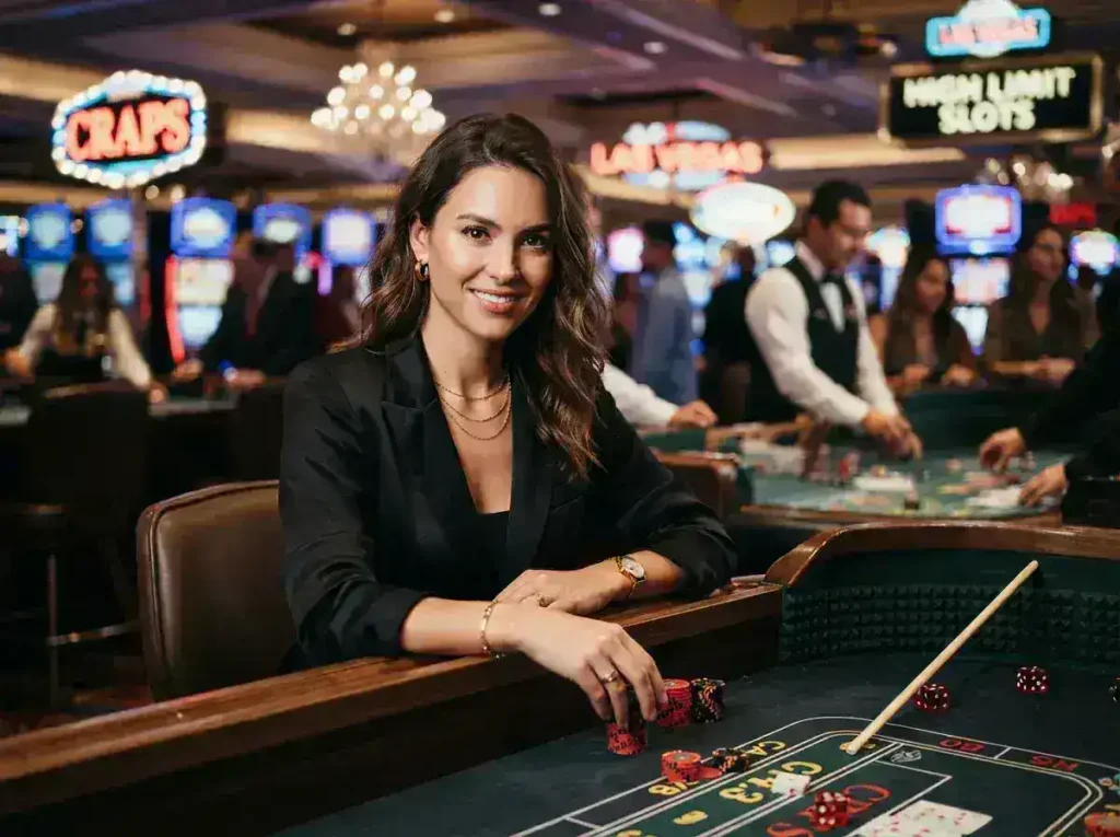 Chic woman facing the camera while enjoying a luxurious casino experience, inspired by Extreme Online Casino.