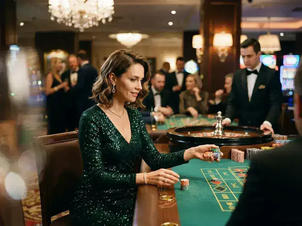 Elegant woman enjoying casino games inside a luxurious land-based casino by Extreme Online Casino.