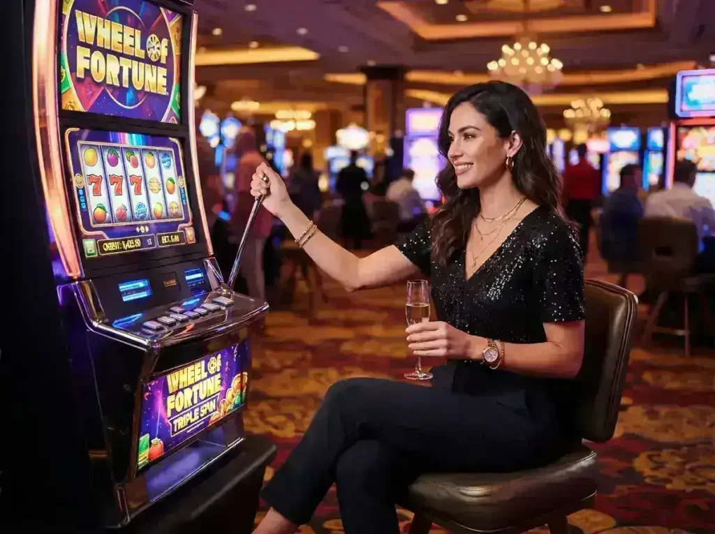 Elegant woman enjoying modern slot games inside a luxury casino, inspired by the excitement of Extreme Online Casino.