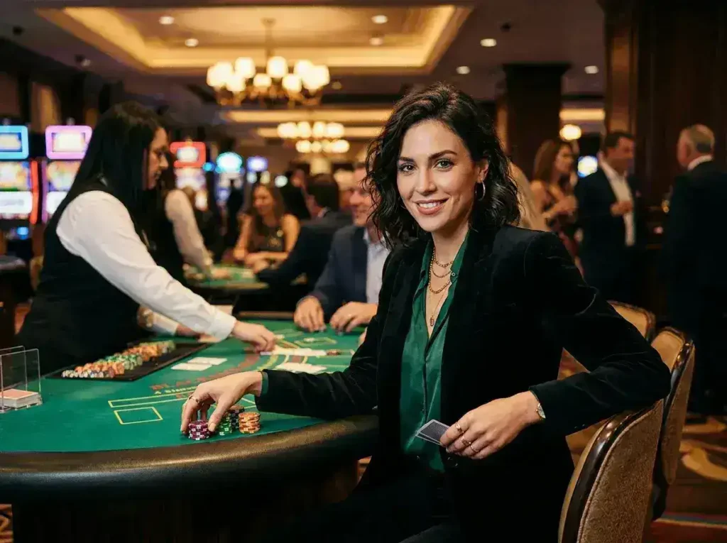Female player smiling at the camera while enjoying slot machines in a physical casino, inspired by the excitement of og777 casino login.