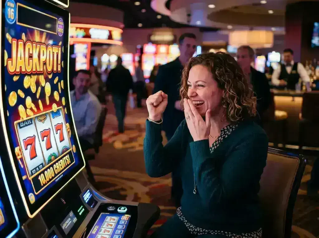 A woman celebrating a big slot machine jackpot at a luxury casino while enjoying the excitement of og777 casino login.