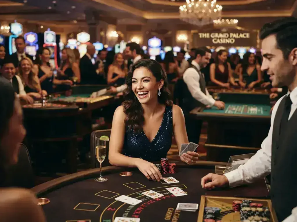 Female player enjoying slot machines at a luxury casino while exploring og777 casino login.