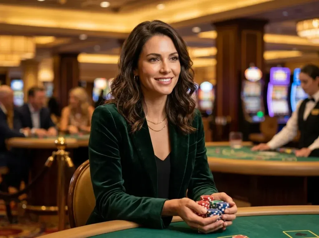 A stylish woman holding casino chips at a gaming table, inspired by the excitement of Gstar28 Online Casino.