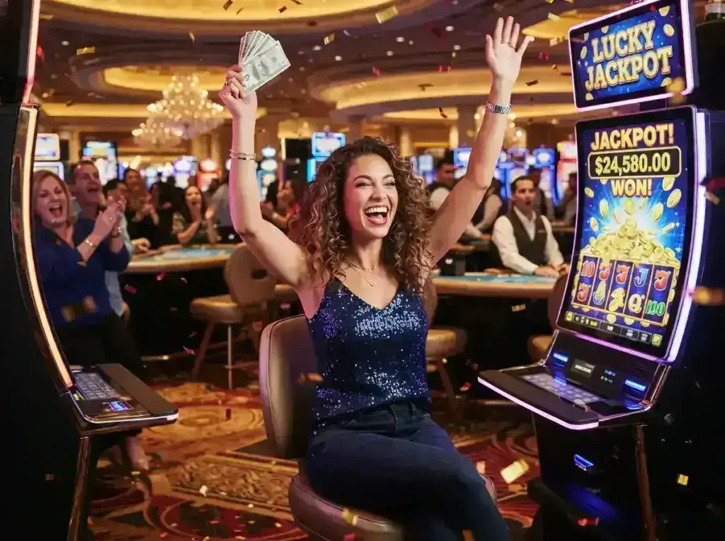Woman enjoying a jackpot slot machine inside a luxury casino, inspired by the excitement of Gstar28 Online Casino.