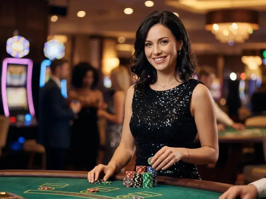A woman enjoying a table game in a luxurious casino, reflecting the excitement of gstar28 online casino.
