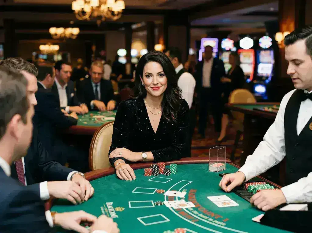 Woman enjoying a poker game at a casino table inspired by the excitement of Gstar28 Online Casino.
