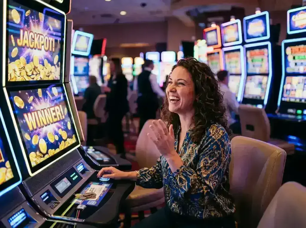 Female player celebrating a slot machine jackpot inside a physical casino inspired by the excitement of og777 casino login.