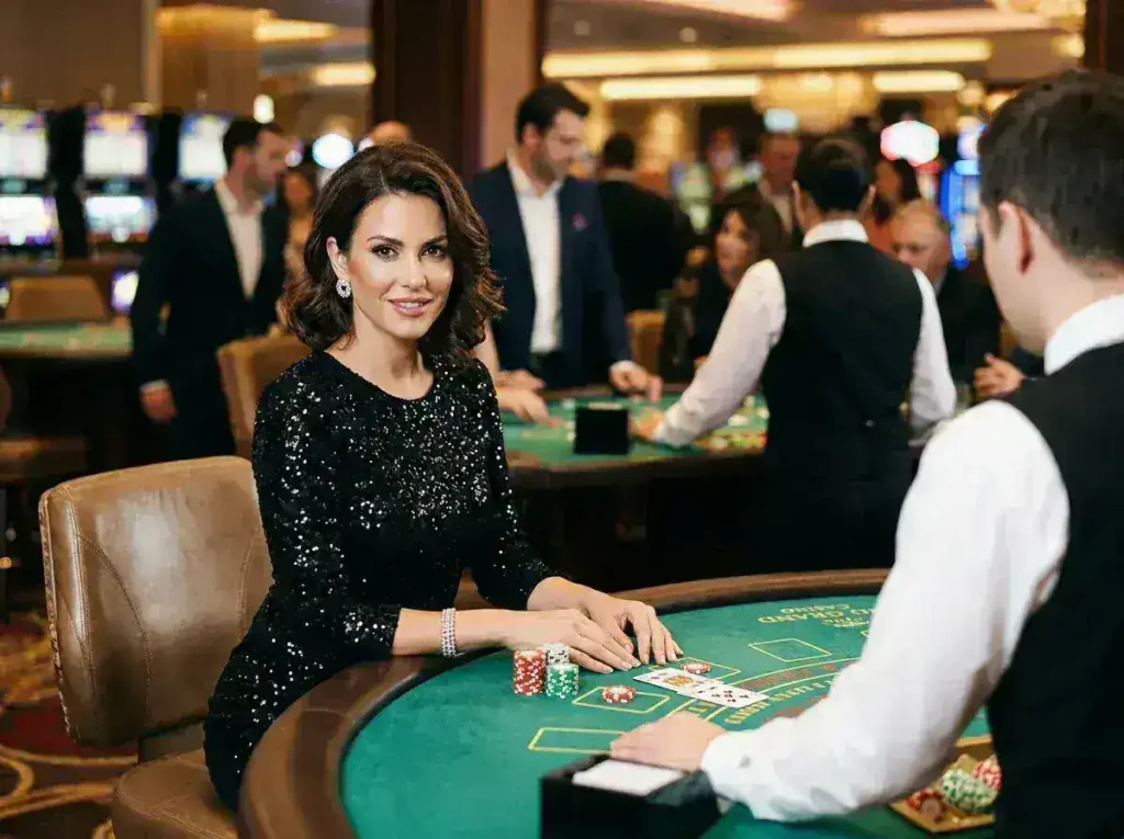 Female player enjoying a blackjack game at a luxury casino table while exploring the excitement of og777 casino login.
